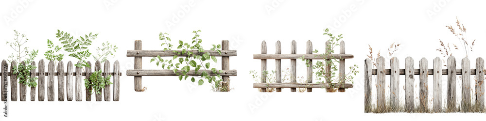 Obraz premium Rustic wooden fence with lush foliage and greenery