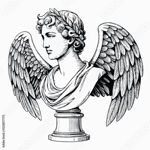 A surreal fusion of classical marble bust and ethereal angel wings, seamlessly intertwined; smooth marble texture contrasted with feathered wing detail.