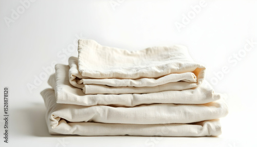 Pile of Soft Cream-colored Bed Linens on White Background