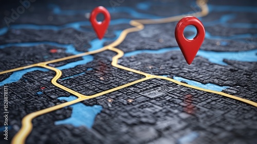 A city map with red and blue markers on a black background