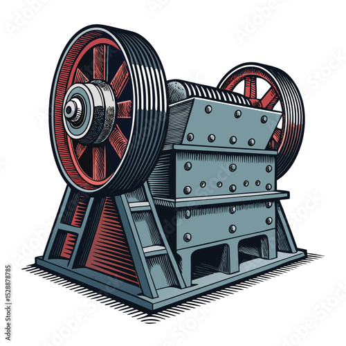 A detailed, isolated image of a heavy-duty rock crusher featuring large, spinning hammer wheels; show intricate mechanical details.