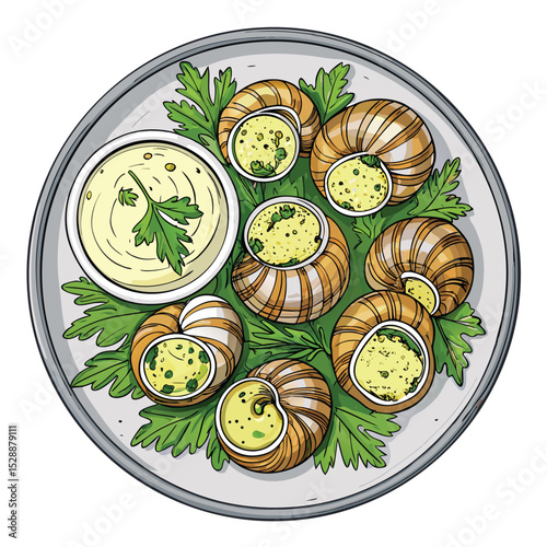 A close-up shot of a plate of delicious escargot, bathed in rich garlic butter, garnished with fresh herbs.  High-quality, detailed image.