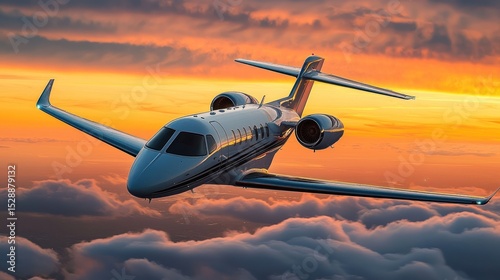 A private jet flying over a sunset with clouds in the foreground and a vibrant orange sky in the background.