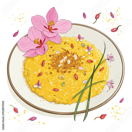 Gourmet saffron risotto, adorned with edible gold flakes, presented elegantly on a white plate.  Detailed close-up shot highlighting texture and color.
