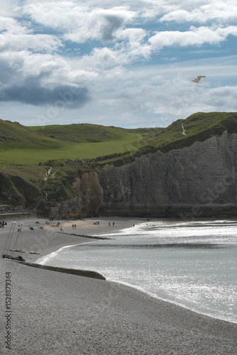 Coastal Etretat view with cliffs and beach activity on a sunny day at a seaside location