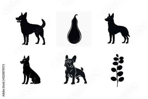 Dog breeds silhouettes with vegetable and plant