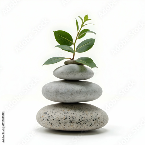 Stack of Stones with Plant Growing on Top on White Background