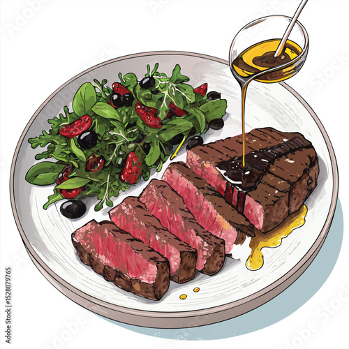 Exquisite close-up of a perfectly seared Wagyu steak, glistening with truffle oil, resting on a pristine white plate.  (1)