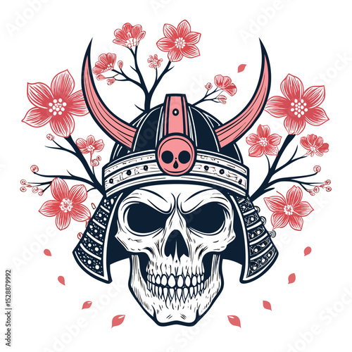 Create a detailed image of an isolated samurai skull adorned with a vibrant cherry blossom crown.  The skull should show intricate detail.