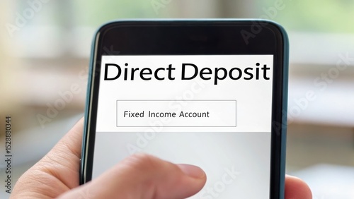 Fixed income concept. A hand holding a smartphone displaying a direct deposit screen for a fixed income account.