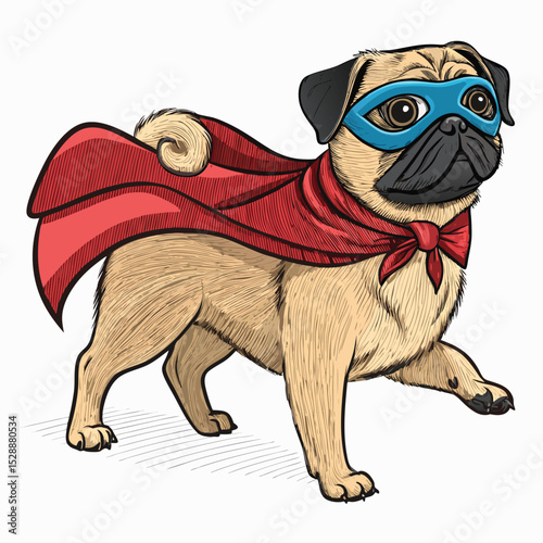 A cute pug dog wearing a red superhero cape and mask, striking a heroic pose.  The background is blurred.