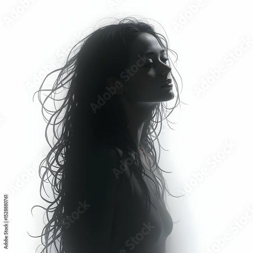 Woman in Silhouette with Flowing Hair and Upward Gaze