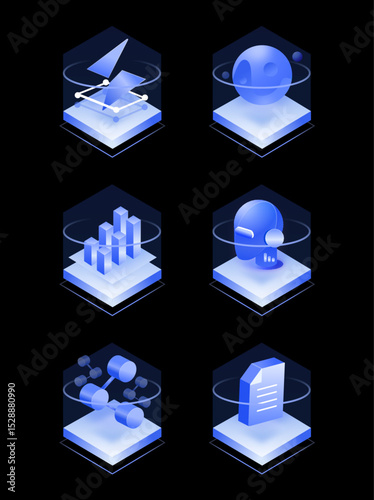 A collection of vector illustrations featuring technological elements, technological ICONS, stereoscopic isometric ICONS, and visual data ICONS