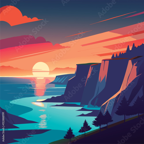 Vector illustration of a Sunset over dramatic cliffs.
