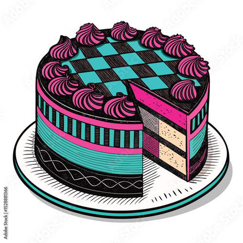 Create a vibrant digital painting of a retro 80s-style layered cake adorned with a bold, geometric checkerboard frosting design.  Include bright, neon-colored accents.