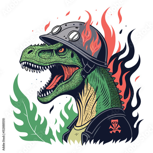 A fearsome Tyrannosaurus Rex roars, wearing a cracked, ancient skull helmet, fiery flames emanating from its nostrils.  Focus on dramatic lighting and detailed textures.