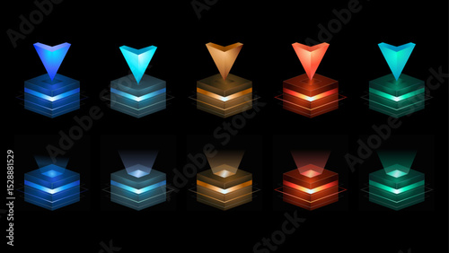 A collection of vector illustrations featuring technological elements, technological ICONS, stereoscopic isometric ICONS, and visual data ICONS