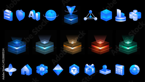 A collection of vector illustrations featuring technological elements, technological ICONS, stereoscopic isometric ICONS, and visual data ICONS