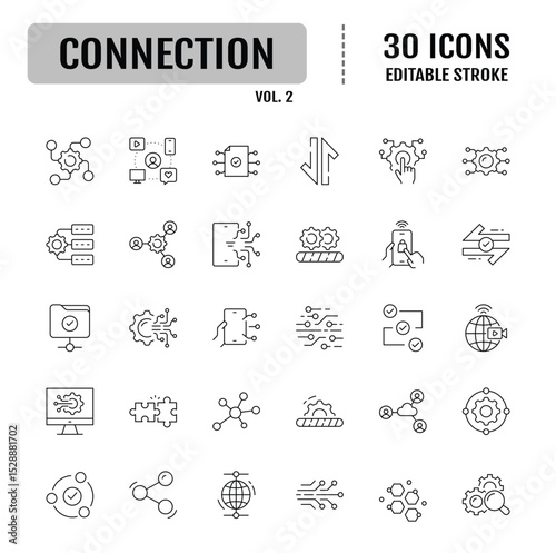 Connection icon set. Containing network, join, collaboration, connectivity, interaction, cable, integration and connection icon. Vector illustration