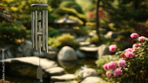 A gentle breeze orchestrates the calming rhythm of wind chimes in a peaceful garden. High quality