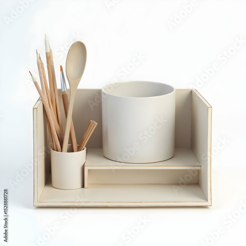 Organized Desk Organizer with Wooden Pencils and Utensils on White Background