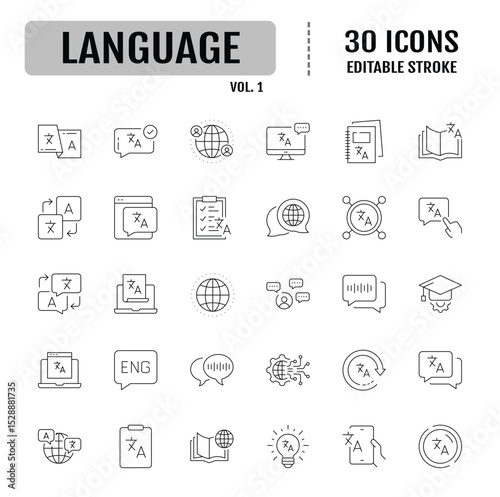 Language line icon set. Containing Translator, talk, global and more. Vector illustration