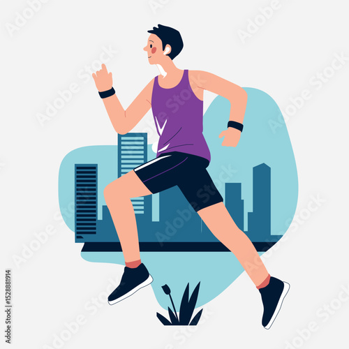 Man Jogging in Park with City Skyscrapers in Background, Wearing Purple Shirt