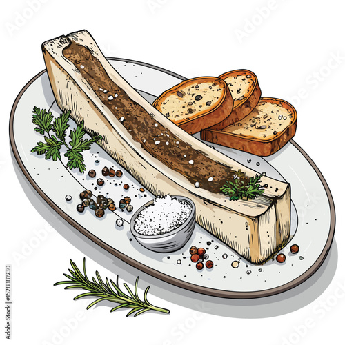 Gourmet image of roasted bone marrow, glistening, served with crusty toast points and sprinkled with sea salt.  Whipped herb butter optional.