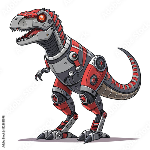 A fearsome robotic T-Rex, its mechanical limbs highly detailed, with internal glowing circuits visible.  Cyberpunk style.