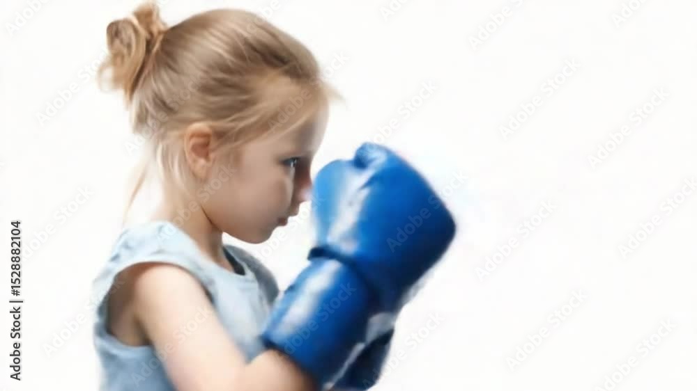 Tiny Champion: A determined young girl, donned in vibrant blue boxing gloves, assumes a focused stance, epitomizing resilience and potential within a plain background. Tiny Champion: A determined young girl, donned in vibrant blue boxing gloves, assumes a focused stance, epitomizing resilience and potential within a plain background.
