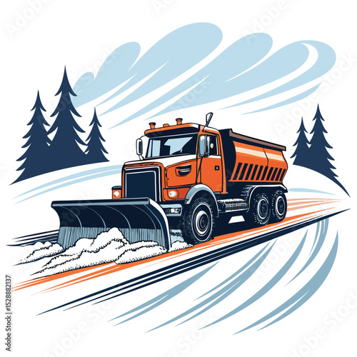 A powerful snowplow truck efficiently clears a snow-covered, icy road, isolated on a white background.  Illustrate the vehicle's rugged design and functionality.