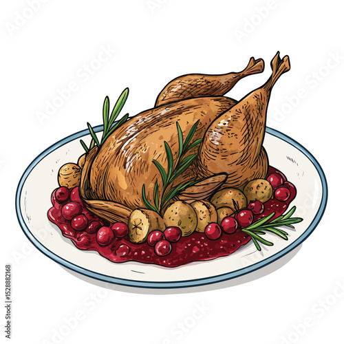 A succulent roasted quail, glistening with cranberry glaze, served with herbed stuffing.  Detailed, close-up shot emphasizing texture and color.