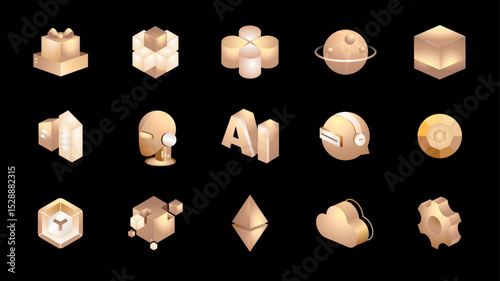 A collection of vector illustrations featuring technological elements, technological ICONS, stereoscopic isometric ICONS, and visual data ICONS