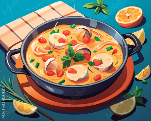 Colorful seafood stew in a pan.