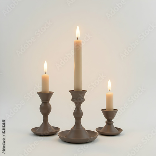 Lit Candles in Decorative Holders on White Background