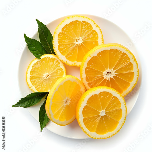 Sliced Lemons on Plate with Green Leaves Isolated on White Background