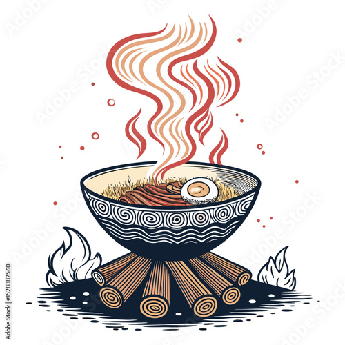 A steaming bowl of ramen, perfectly centered, levitates magically above a glowing fire ring, set against a dark background.