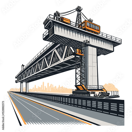 A massive steel bridge launcher in action during highway construction, showcasing its immense size and complex mechanics against a backdrop of ongoing roadworks.