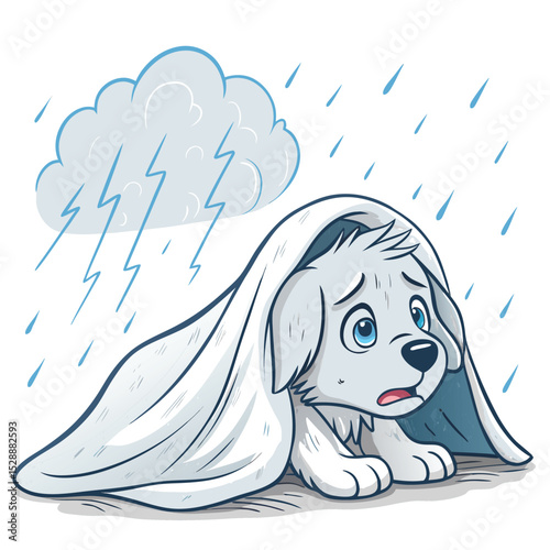 A terrified, small puppy, brown and white fur, trembling, peeking from under a soft, blue blanket during a thunderstorm.