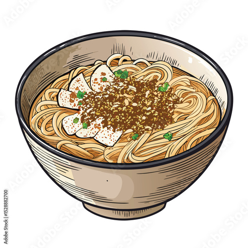 A vibrant, close-up shot of a steaming street food ramen bowl featuring thick, chewy noodles, rich broth, and assorted toppings.