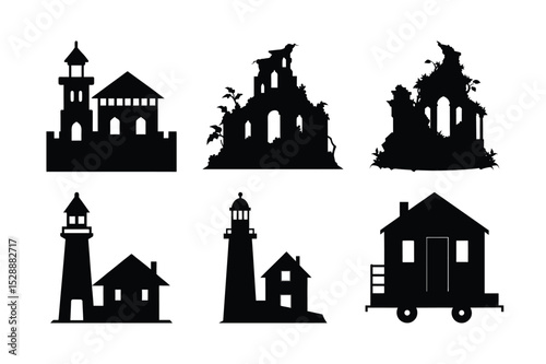 A versatile vector set of stylized house, church, and castle silhouettes, perfect for illustrating a spooky city skyline at night
