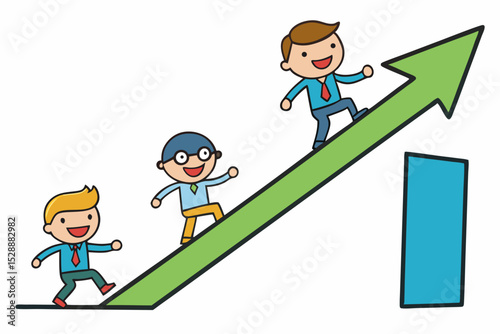 Businessmen climbing upward trending arrow