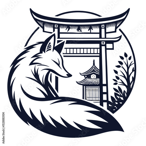 A stylized fox, curled elegantly around a traditional Japanese torii gate, isolated on a white background.  Focus on intricate details.