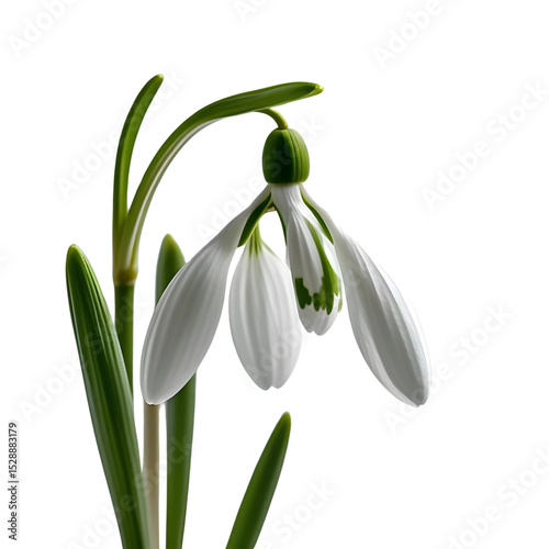 Delicate Snowdrop, Pure White Petals, Green Stem isolated on transparent background Generative AI.