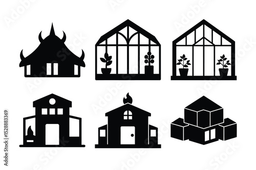 This icon set features a collection of vector house and building symbols, perfect for illustrating real estate, home, or urban design concepts
