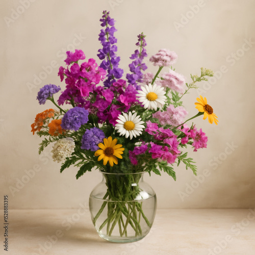 Wallpaper Mural Floral Symphony: A captivating arrangement of vibrant wildflowers bursts forth in a glass vase. Delicate petals and assorted hues, a testament to nature's beauty and color palette. Torontodigital.ca