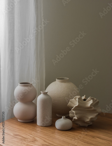 A variety of ceramic vases on a wooden table
