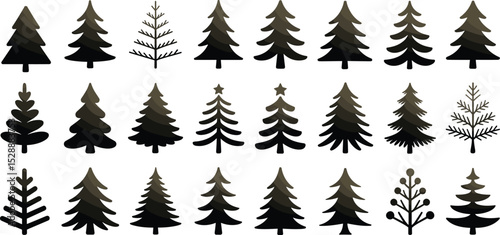Pine and Christmas tree silhouette vector set, winter forest icon collection, festive holiday tree graphics, black isolated evergreen designs