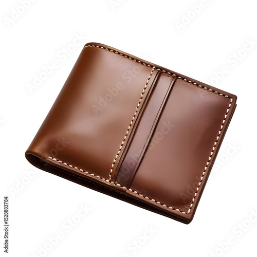 Elegant Brown Leather Wallet, Handcrafted Detail isolated on transparent background Generative AI. photo