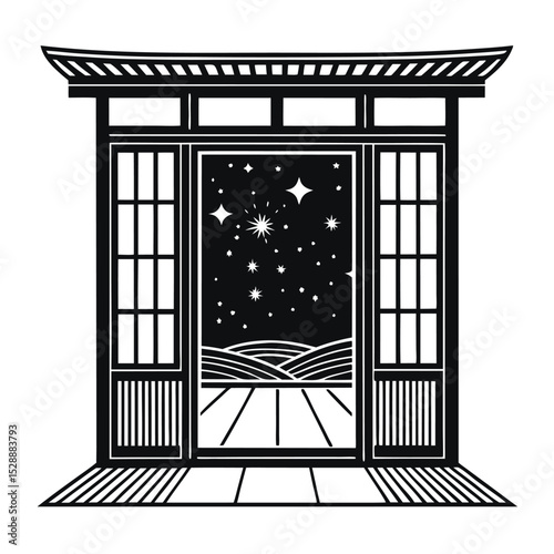 A stylized Japanese shoji screen door, subtly glowing, opens to reveal a breathtaking, hyperrealistic ISO-rendered starry night sky.